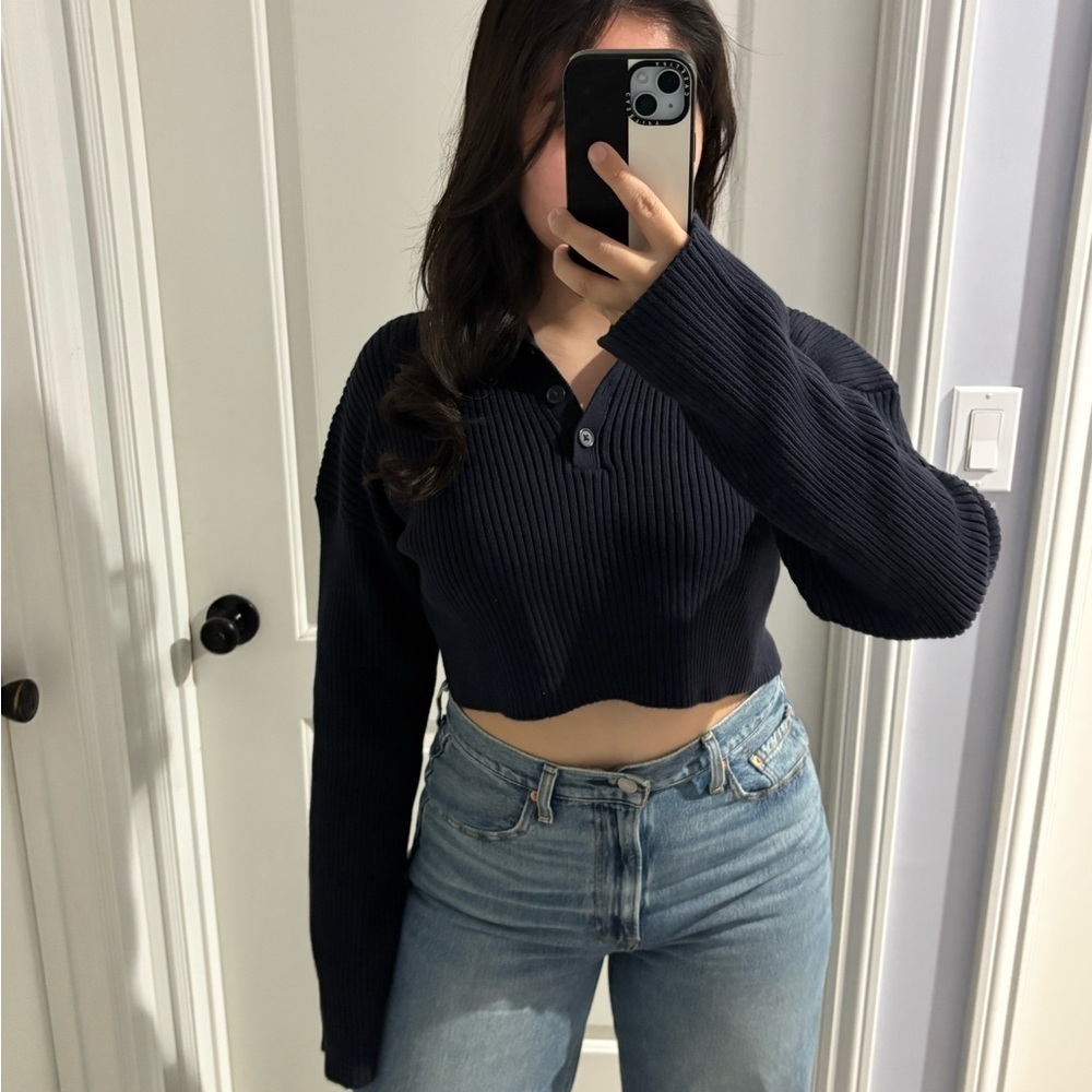 Zara Navy Blue Ribbed Cropped Sweater, Size: S